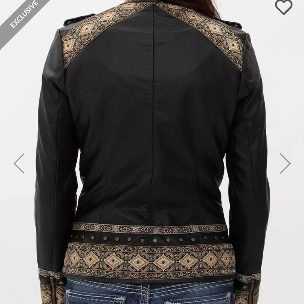 Buckle Black Fitted Faux Leather Brass Accent Embroidered Jacket size Small - Picture 9 of 9